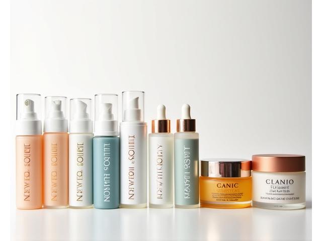 ブランドロゴが入った様々な化粧品ボトルやジャーのラインナップ