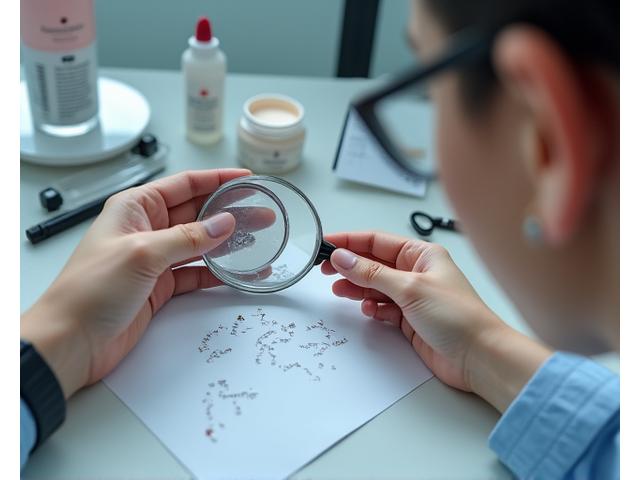 品質管理担当者がルーペを使って化粧品容器の印刷を検査している