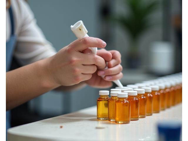 作業台の上で少数のボトルに手作業で化粧水を充填している様子